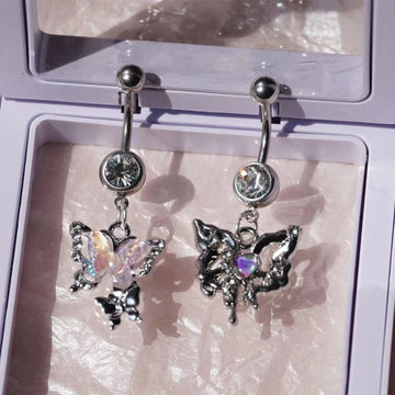 DAIIIBABYYY  -  Punk Butterfly Belly Button Rings Stainless Steel Dangle Zircon Dangle For Women Belly Navel Rings Body Belly Piercing Jewelry